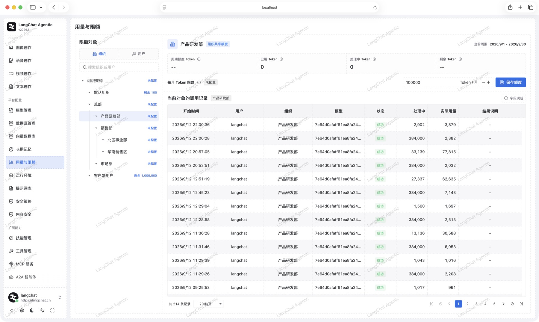 用量与限额：组织额度、已用 Token 与调用记录